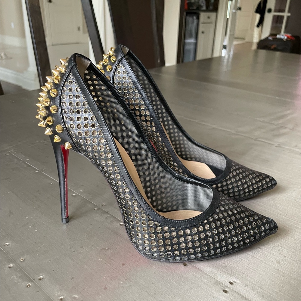 christian louboutin guni black leather gold spike stiletto sz 38.5 preowned